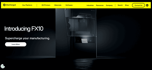 Industrial 3d printer in a dark setting with promotional text introducing the fx10 model.