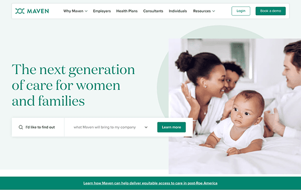 Webpage for maven healthcare highlighting the next generation of care for women and families, with a search bar and a happy family in the background.