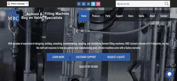 Industrial filling machinery for bag on valve technology showcased on a company's website page.