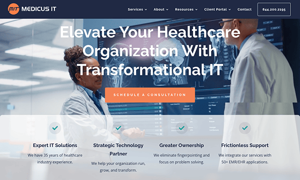 A website with the words elevate your healthcare organization with transformationit.
