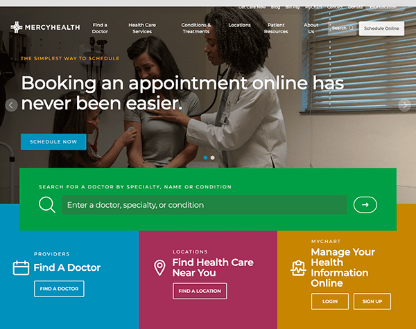 Website homepage for mercy health with a booking panel, featuring a healthcare professional using a tablet while interacting with a patient.
