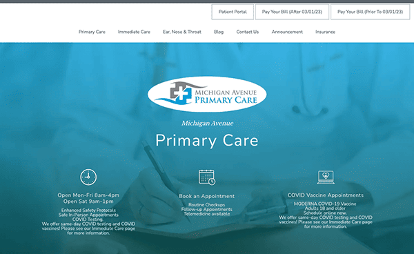 Website homepage for michigan avenue primary care with navigation menu, appointment booking options, and covid-19 vaccine information.