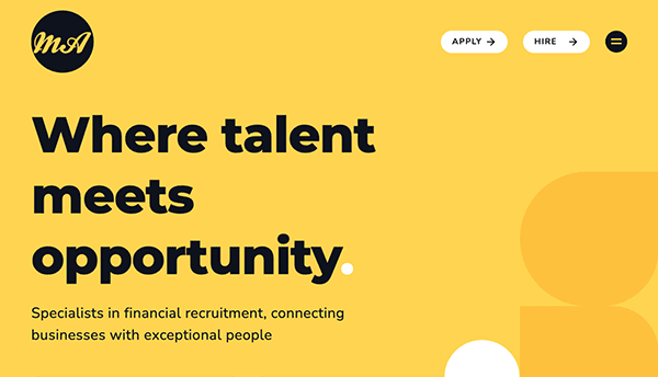 Web page for a recruitment company with a tagline "where talent meets opportunity," offering services for job seekers and employers.