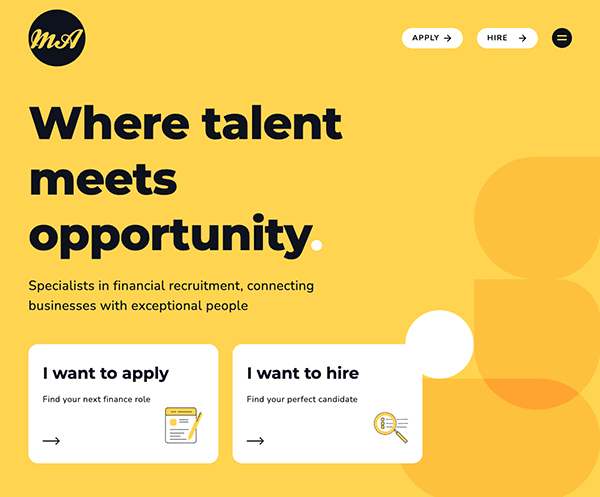 Web page for a recruitment company with a tagline "where talent meets opportunity," offering services for job seekers and employers.