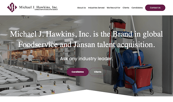 Corporate website homepage for michael j. hawkins, inc. highlighting their specialization in global foodservice and janitorial/sanitation (jansan) talent acquisition.