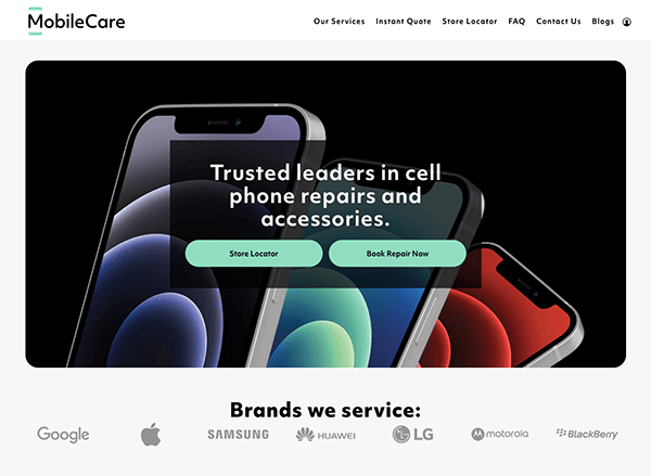 Website homepage featuring mobilecare's phone repair services with a call-to-action button and logos of various smartphone brands they service.