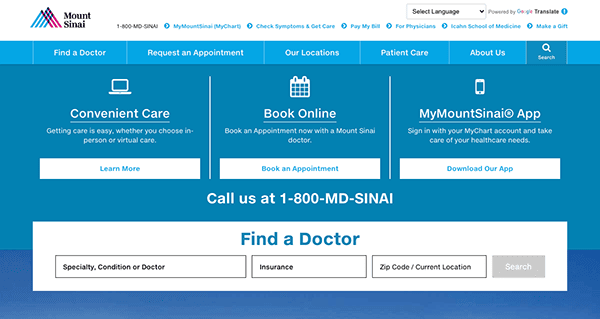 A screenshot of the mount sinai health system website homepage with options to find a doctor, request an appointment, and access telehealth services.