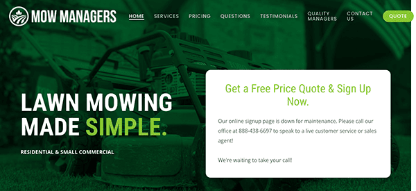 Lawn managers landing page.