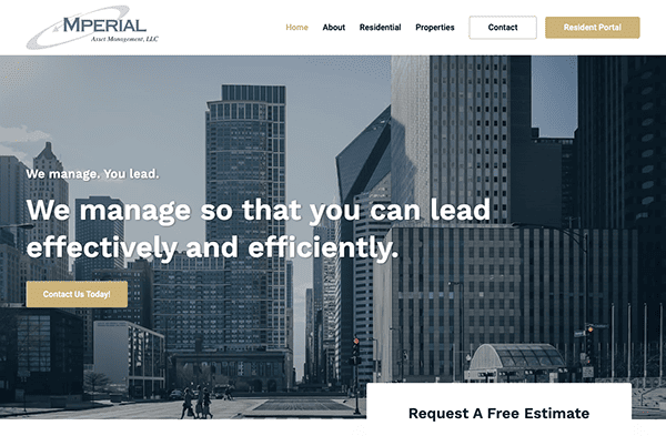 Company webpage featuring a skyline with a slogan about management and leadership, along with navigation options and a call-to-action button.