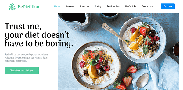 A screenshot of a dietician's professional website homepage featuring a vibrant image of healthy meals, accompanied by promotional text and infographics.