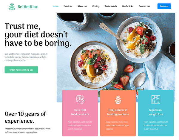 A screenshot of a dietician's professional website homepage featuring a vibrant image of healthy meals, accompanied by promotional text and infographics.