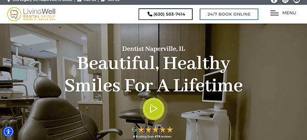 A dental clinic website banner featuring the slogan "beautiful, healthy smiles for a lifetime" with an image of a dentist's office interior.