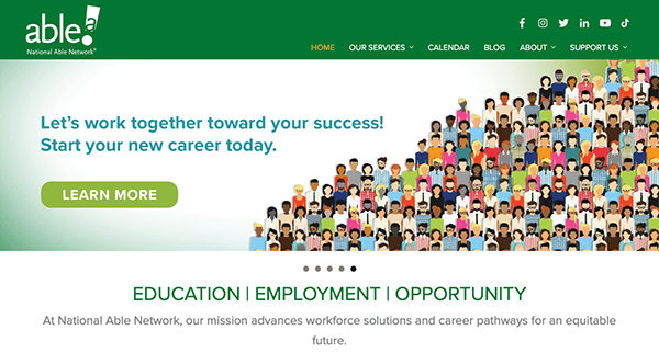 A screenshot of the national able network website homepage featuring a call to action that reads "let's work together toward your success! start your new career today." with a diverse illustration of people above it and.