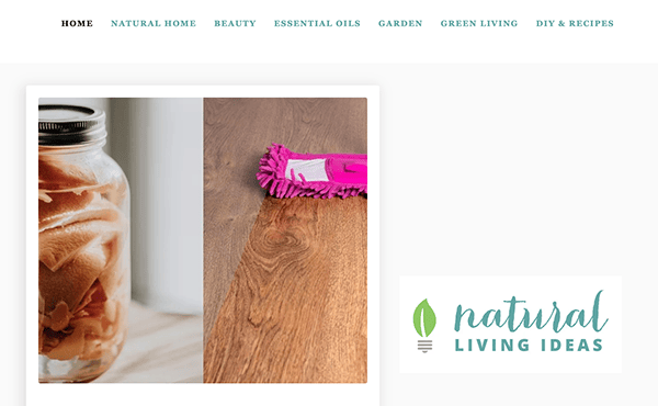 Website homepage featuring natural living topics such as natural home, beauty, and diy recipes with an image of a jar and a cleaning brush.
