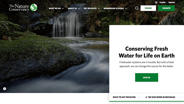 Waterfall in a lush forest with a website interface promoting freshwater conservation.
