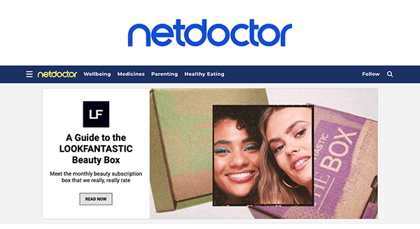 Website homepage of "netdoctor" featuring a banner ad for the lookfantastic beauty box subscription service.