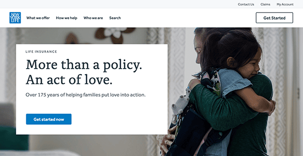 An insurance company webpage featuring an advertisement with the slogan "more than a policy. an act of love." and an image of an adult and a child embracing in a comforting hug.