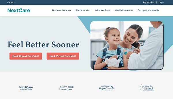 Website homepage for nextcare, offering urgent and virtual care services with an image of a smiling woman carrying a child holding a stuffed animal.
