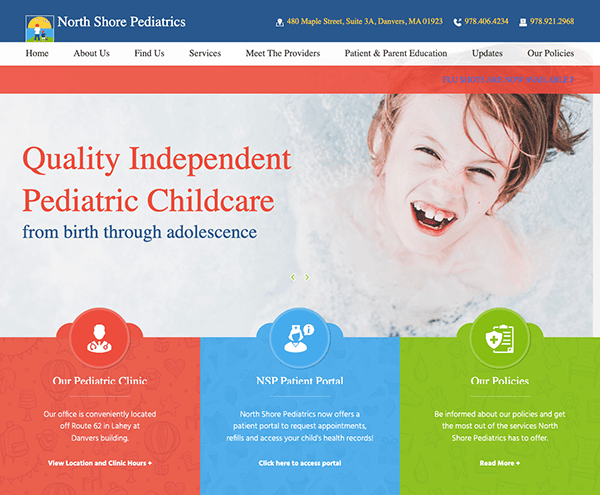 Webpage for north shore pediatrics featuring information about pediatric healthcare services with a joyful child in the background.