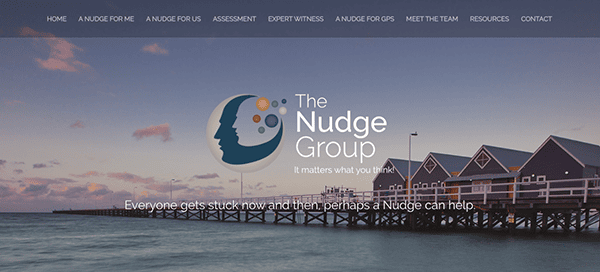 A screenshot of "the nudge group" website homepage featuring a serene backdrop of a pier at dusk, with the company's logo and a tagline stating, "everyone gets stuck now and then; perhaps a nudge can help.