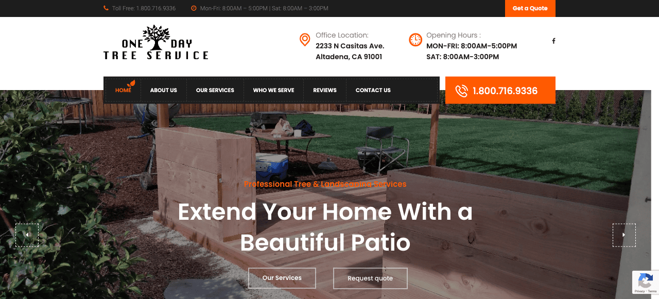 A screenshot of a tree service company's website featuring a landscaped backyard with the tagline "extend your home with a beautiful patio.