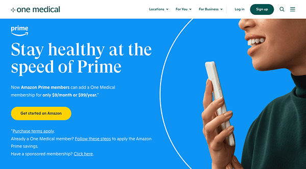 Advertisement for a healthcare service offering amazon prime members a special membership rate, featuring a smiling woman holding a phone.