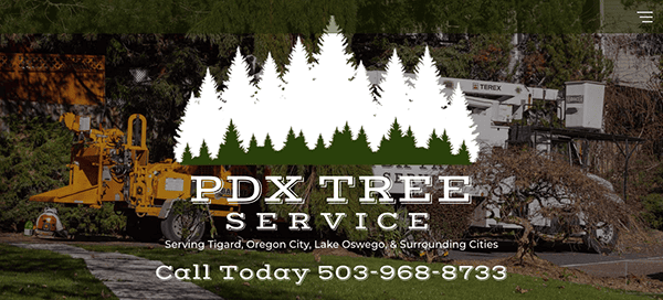 Tree service website banner featuring company contact information and equipment in a residential setting.