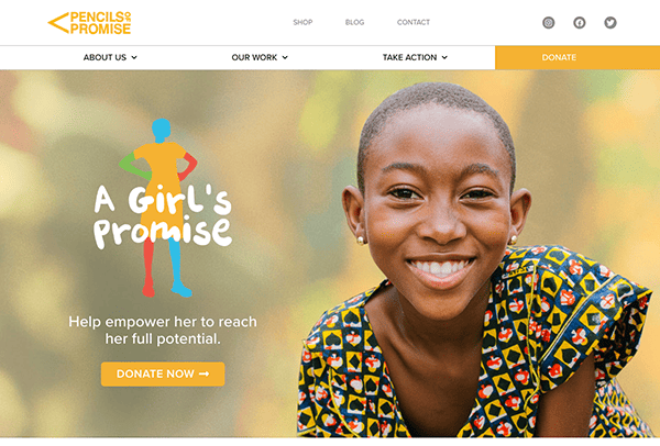 A smiling girl on a website banner promoting "a girl's promise" initiative with a call-to-action for donations.