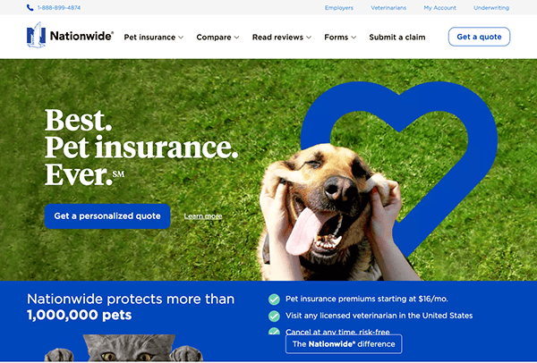 A screenshot of the nationwide pet insurance website featuring a smiling dog on a grassy background with text promoting their insurance services and a blue heart shape.