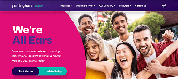 A banner image from the petleyhare insurance website featuring a diverse group of smiling individuals with the slogan "we're all ears", suggesting a customer-focused approach to insurance services, along with two.