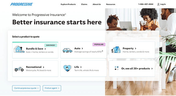 A screenshot of the progressive insurance website homepage featuring options to get an insurance quote for various products such as bundle savings, auto, property, recreational, and life insurance. there are images of individuals engaging with.