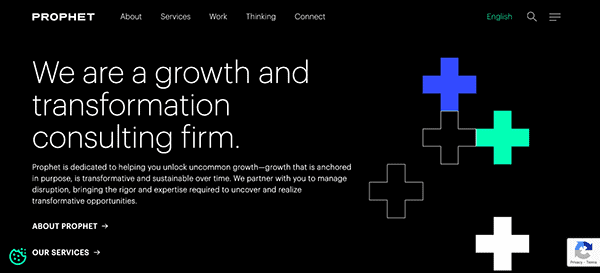 Website homepage for prophet, a growth and transformation consulting firm, featuring a dark theme with blue and turquoise accents and a navigation menu.