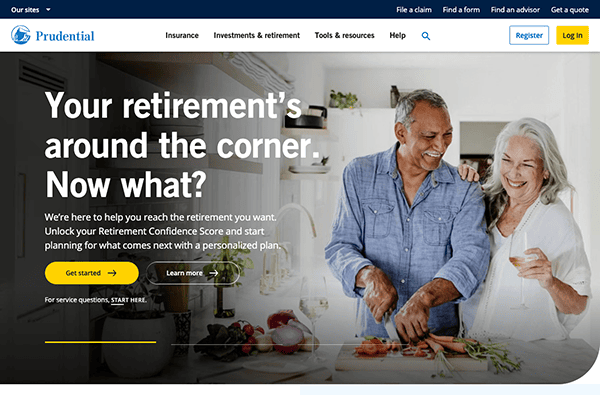 A cheerful older couple celebrates with a toast in a kitchen setting, featured on the prudential website homepage, which highlights retirement planning services with the slogan "your retirement's around the corner. now what.