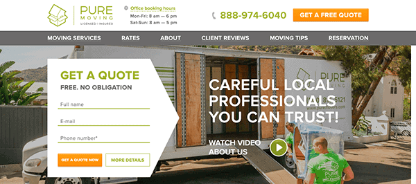 A moving company website homepage featuring a quote form, contact number, service hours, and a worker unloading a "Pure Moving" truck—an example of top Moving Company Website Designs.