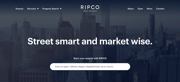 A website homepage for ripco real estate featuring a search bar and the tagline "street smart and market wise" against a city skyline background.