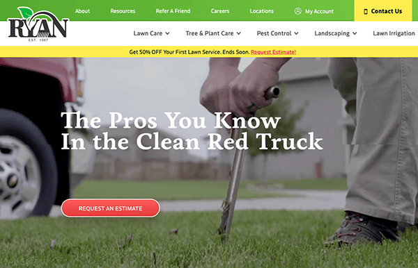 A website for a lawn care company with a man holding a shovel.