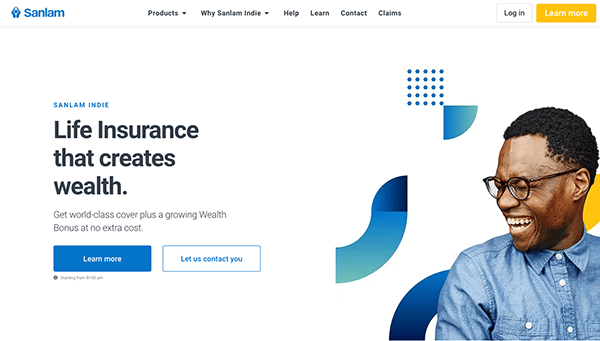 A website homepage for sanlam indie featuring an advertisement for life insurance, showing a smiling man with text promoting the benefits of their insurance products and a call to action to learn more or contact them.