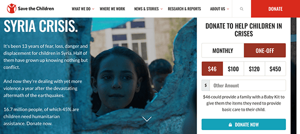 A website banner for save the children's syria crisis appeal featuring a young girl, with information and donation options to support affected children.