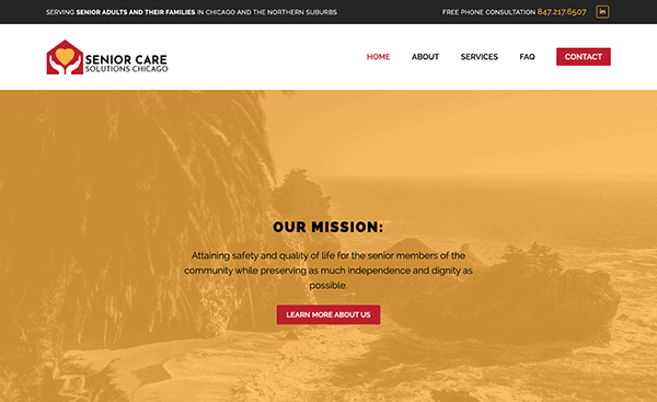 A website homepage for senior care solutions chicago, featuring a mission statement about improving senior life quality, with a navigation menu and contact information.