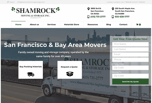 Homepage of Shamrock Moving & Storage Inc. features contact info, a moving truck image, service buttons, and a form for a free moving quote—reflecting one of the best moving company websites with effective moving company web design elements.