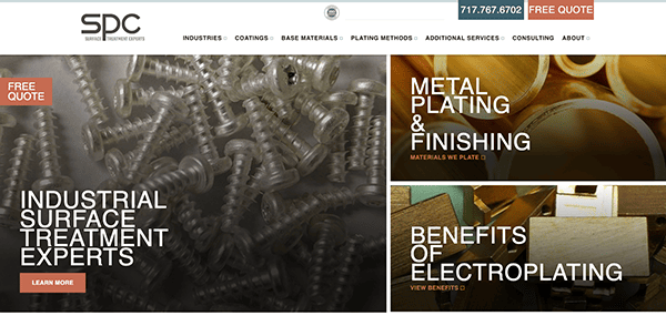Website homepage for a company specializing in industrial surface finishes and metal plating services.
