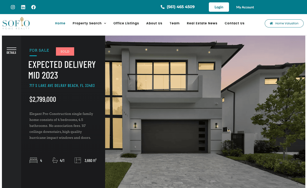 A modern two-story residential home showcased on a real estate website with details about expected delivery in mid-2023 and its price listed.
