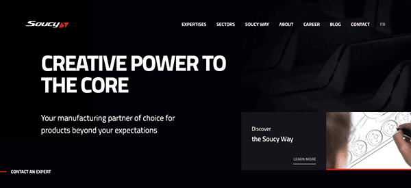 Website homepage for soucy, highlighting their position as a creative and expert manufacturing partner.
