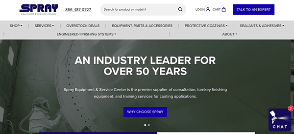 Website homepage for spray equipment & service center featuring their over 50 years of expertise in coating application systems.