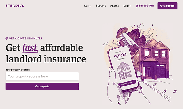 A webpage offering quick landlord insurance quotes with a graphic of a house and mobile device displaying policy information.