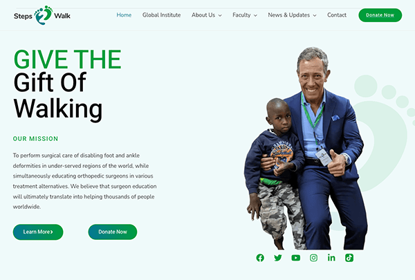 A website banner showing a man in a suit carrying a young child with the headline "give the gift of walking" promoting a surgical care organization for foot and ankle deformities.