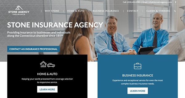 A professional website homepage for stone insurance agency featuring menu options and a photograph of three people in a business meeting, with the company offering insurance services since 1859.