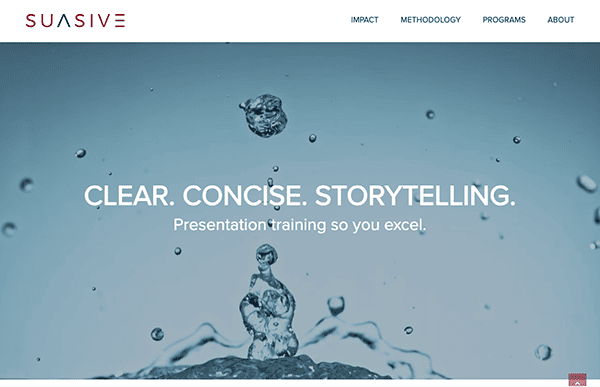 A screenshot of a website's homepage featuring the tagline "clear. concise. storytelling. presentation training so you excel." with a backdrop of water droplets in midair.