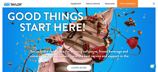 A vibrant website homepage featuring an advertisement for taylor kitchen equipment with a background image of a decorated ice cream cone amidst floating toppings.
