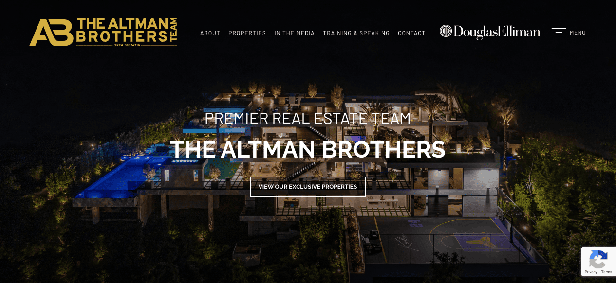 Website homepage for the altman brothers, showcasing their brand as a premier real estate team, with a nighttime view of a luxury property.